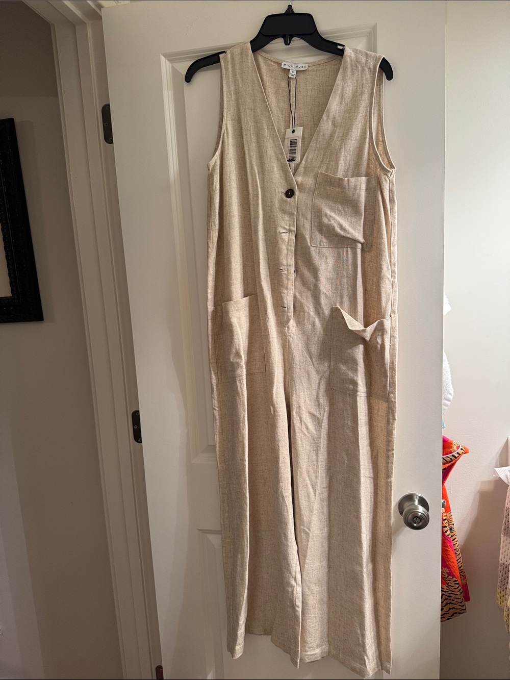 Sleeveless Beige Utility Linen Jumpsuit with Front Pockets